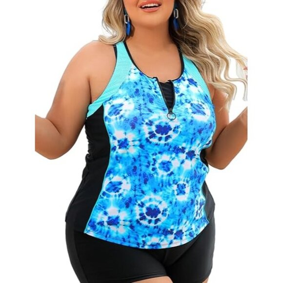 Angel Season Womens Plus Size Zipper Tankini Top Racerback Blue Tie-Dye Size XL - Picture 1 of 10